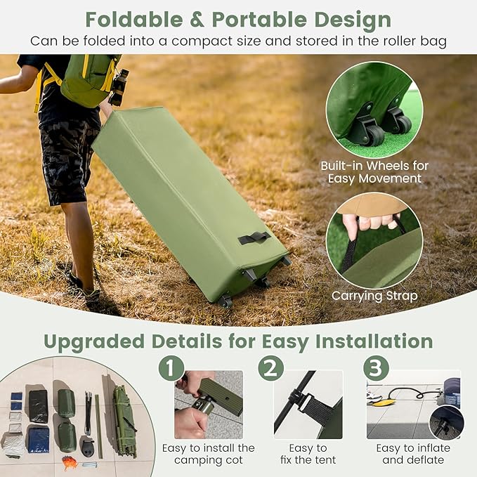 LDAILY Camping Tent Cot, 5 in 1 Off Ground Elevated Tent with Air Mattress, Sleeping Bag & Pillow, Folding Camping Cot Combo with Carrying Bag for Outdoor Hiking, RV, Picnic, Field Backyard (2 Person)
