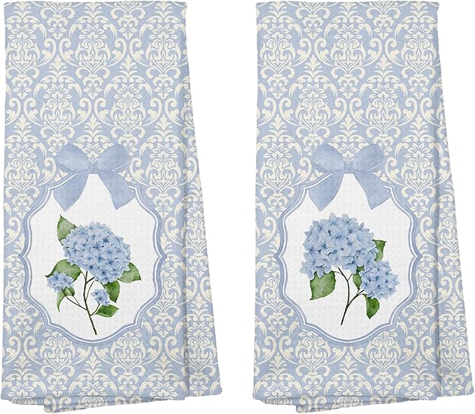 Blue and White Porcelain Chinoiserie Kitchen Towels 16x24 Set of 2, Blue Hydrangea Floral Dish Towels Tea Towels for Kitchen, Chinoiserie Decor Hand Towels for Bathroom, Grand Millenial Decor