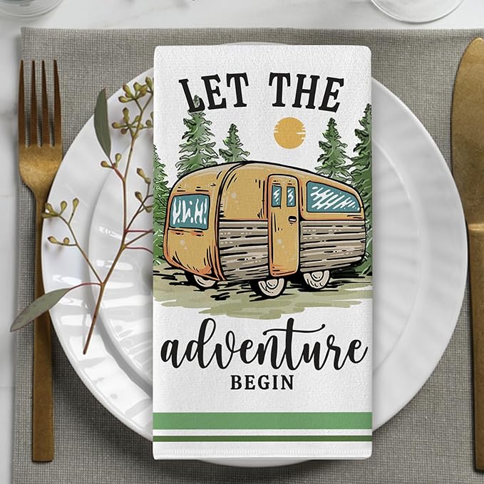 Camping RV Kitchen Dish Towels Set of 2, Let The Adventure Begin Camper Tent Drying Hand Towel Baking Cooking Cloth, Farmhouse Forest Mountain Sun Campsite Home Decoration 18 x 26 Inches