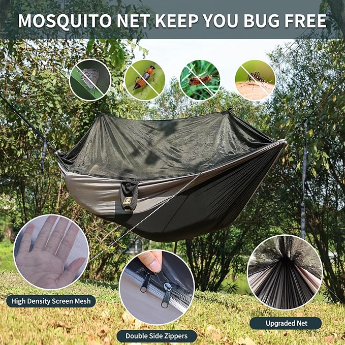 Qevooon Camping Hammock with Net,Travel Portable Lightweight Hammocks with Tree Straps and Solid D-Shape Carabiners,Parachute Nylon Hammock for Outsides Backpacking Beach Backyard Patio Hiking
