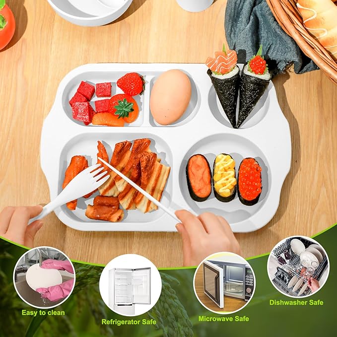 24 Pcs Wheat Straw Dinnerware Cutlery Set for Aldult Including Divided Plates Microwave Dishwasher Safe Bowl Unbreakable Tableware Straw Cutlery Spoon Knife Fork(White)