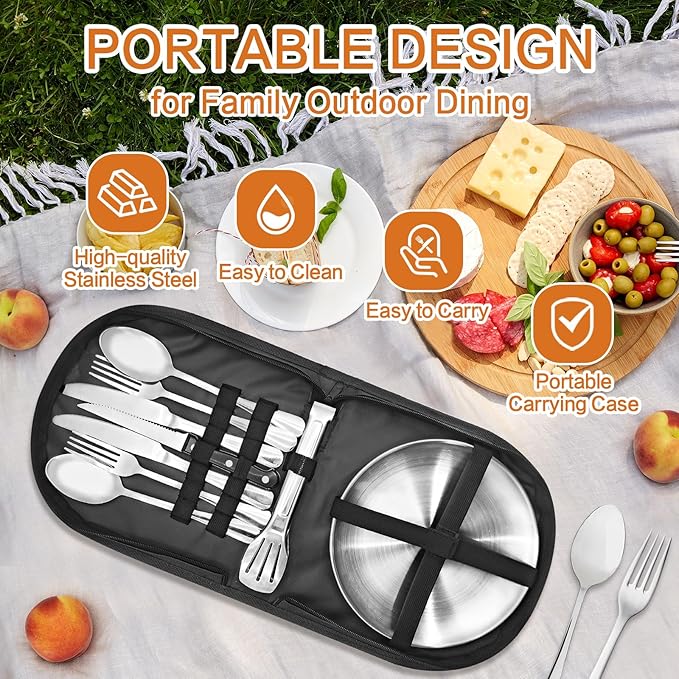 Camping Dishes Set, Camping Plates and Utensils with Camp Organizer Camping Dinnerware