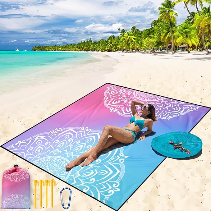 WIWIGO Beach Blanket Waterproof Sandproof Beach Mat 79" X 83"/10'x9'for 2-8 Adults Quick Drying Outdoor Picnic Mat Beach Accessories for Travel, Camping, Hiking
