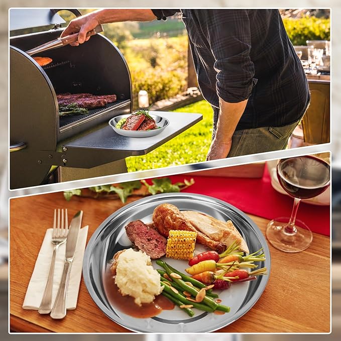 Patterned Deep Metal Camping Plates, 8 Pack 9.4 inch 201 Stainless Steel Plates, Reusable Pizza Food Serving Snack Eating Salad Dishes Round Shatterproof Silver Dinnerware Dinner Oven Safe