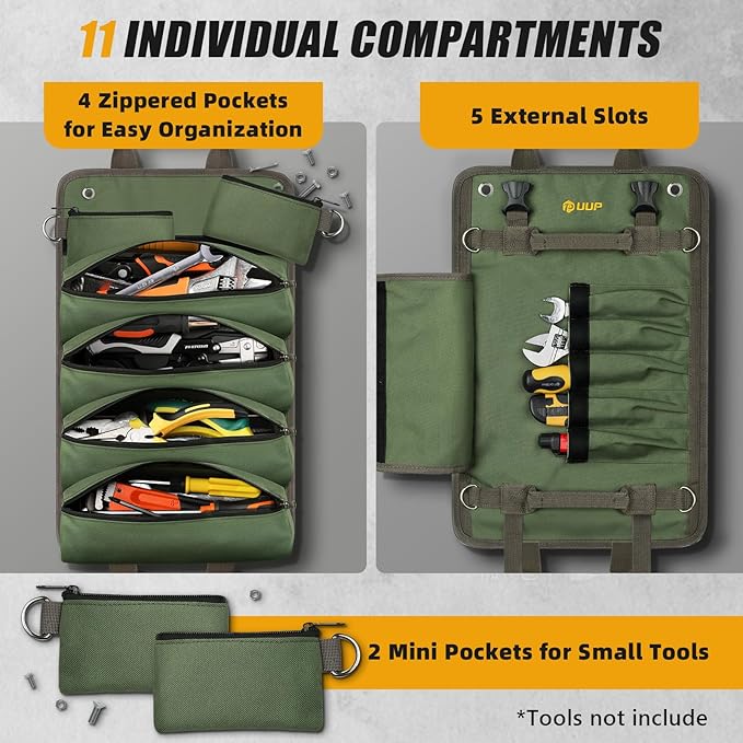 Tool Bag Roll Up, UUP Heavy Duty Portable Soft Tool Storage, Foldable Empty Rollup Organizer with Small Pockets, Official Rollable Toolbag, Father Day Gifts for Him Dad Men Mechanic Welding, Green