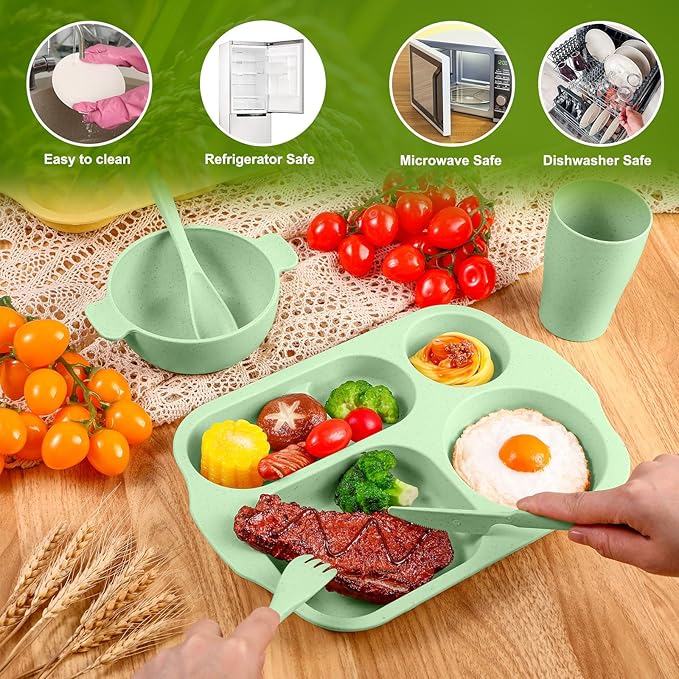 24 Pcs Wheat Straw Dinnerware Cutlery Set for Aldult Including Divided Plates Microwave Dishwasher Safe Bowl Unbreakable Tableware Straw Cutlery Spoon Knife Fork(Assorted Color)