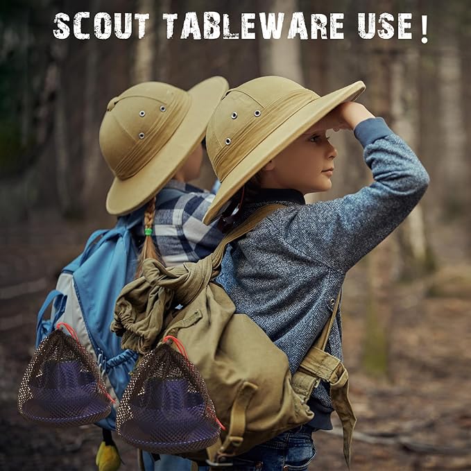Scout Camping Mess Kit for Person Boy Scout Dishes Set Girl Scout Mess Kit with Mesh Bag Reusable Light Weight Eating Utensils Plastic Camping Cutlery Set for Travel Camp