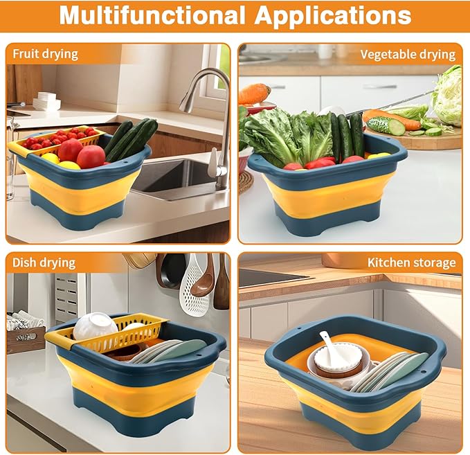 Collapsible Dish Basin with Drain Plug and Portable Sink, 11L(2.91 Gallon) collapsible Bucket with Sink, foldable Wash Basin for Station Campin/camping/Rv/Kitchen (Yellow)