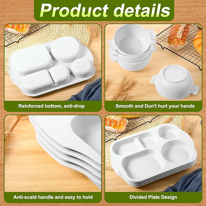 24 Pcs Wheat Straw Dinnerware Cutlery Set for Aldult Including Divided Plates Microwave Dishwasher Safe Bowl Unbreakable Tableware Straw Cutlery Spoon Knife Fork(White)