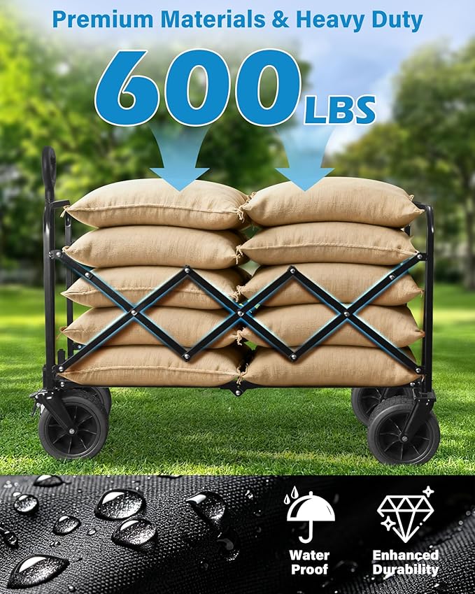 600LBS Beach Wagons Carts Foldable for Sand, Heavy Duty Collapsible Wagon with Brakes & All-Terrain Big Wheels, Large Foldable Folding Wagons for Beach Camp Sports Grocery, Portable