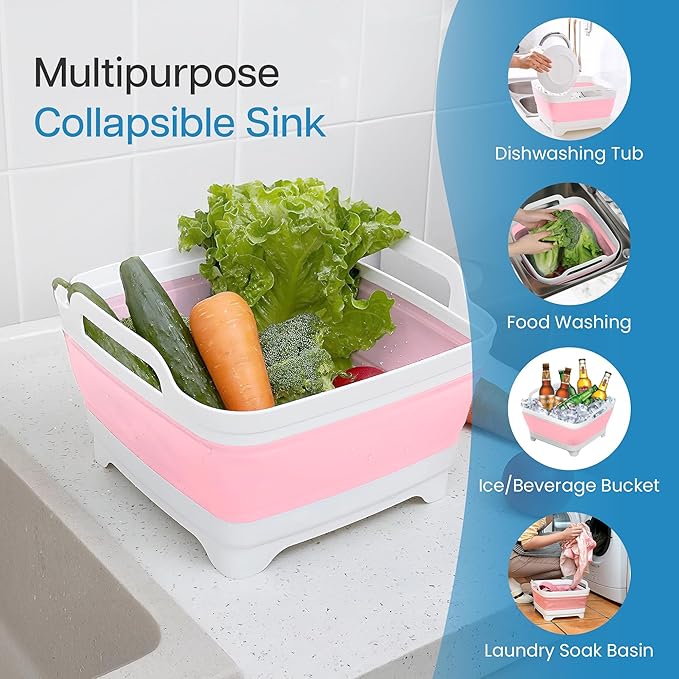 EZuraa 2.4 gal(9L) Pink Collapsible Dish Basin, Portable Sink or Dish Pan for Kitchen Sink with Drain Plug/Strainer, Space Saving Baby Bottle Wash Basin Collapsible Bucket, Beverage Tub for Camping