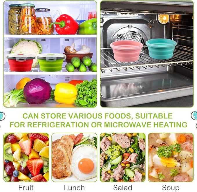 Suclain 4 Pcs Collapsible Bowls with Lids Silicone Camping Food Storage Container Expandable Folding Salad Lunch Box Travel Container for Hiking Camping