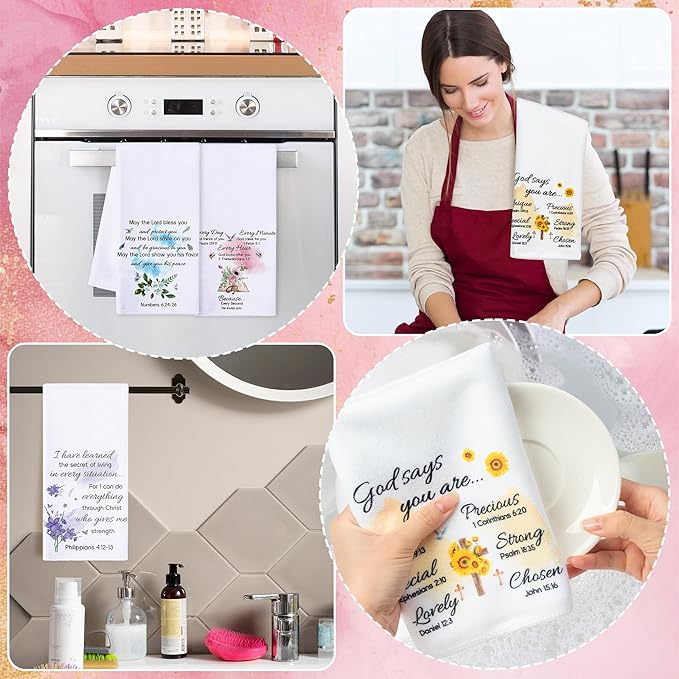 R HORSE Religious Christian Kitchen Dish Towel - 5Pcs Inspiration Flower Sayings Cleaning Dishcloth Bible Verse Absorbent Bar Quick Dry Hand Towel Tea Towels Xmas Gift for Women Men Housewarming Decor