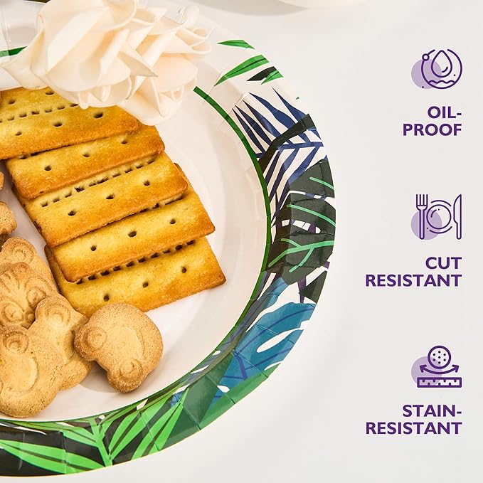 Disposable Paper Plates 8.5 Inch 300 Count, Soak Proof and Cut Resistant Leaf Pattern Heavy Duty Paper Plates Bulk for Parties, Picnics, Camping, and Everyday Meals