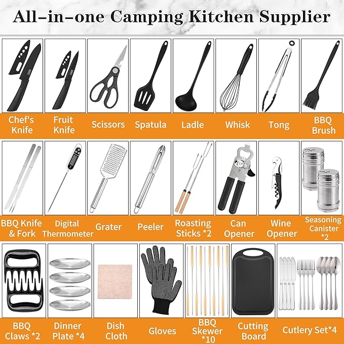 Camping Essentials Cookware Cooking Utensils Set - Portable Camp Kitchen Mess Kit Outdoor Accessories, Stainless Steel & Silicone, Camping Gear Equipment for RV Picnic Grill,Brown Pro