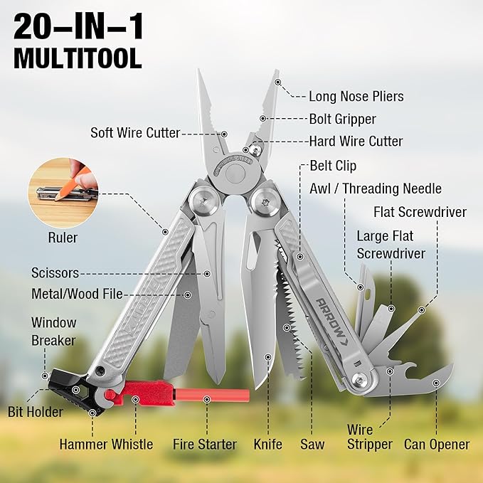 ARROW 20-In-1 Multitool, Stainless Steel Multitool Pliers with Fire Starter, Window Breaker, Whistle, EDC Multi Tool with Sheath and Pocket Clip for Outdoor, Survival, Camping, Hiking