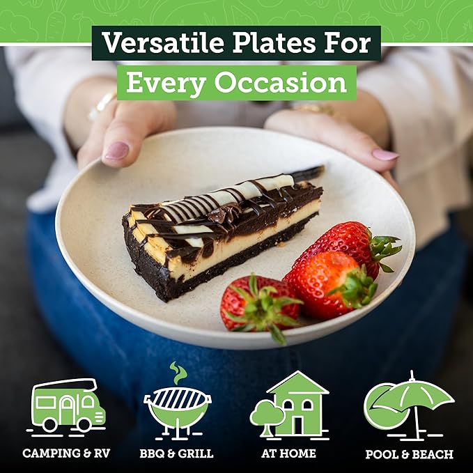 Grow Forward Premium Wheat Straw Plates - 8 Inch Reusable Hard Plastic Dinner Plates Set of 8 - Unbreakable Microwave Safe Plates for Dessert, Camping, RV, Outdoors, Patio, Kitchen Dishes - Sahara