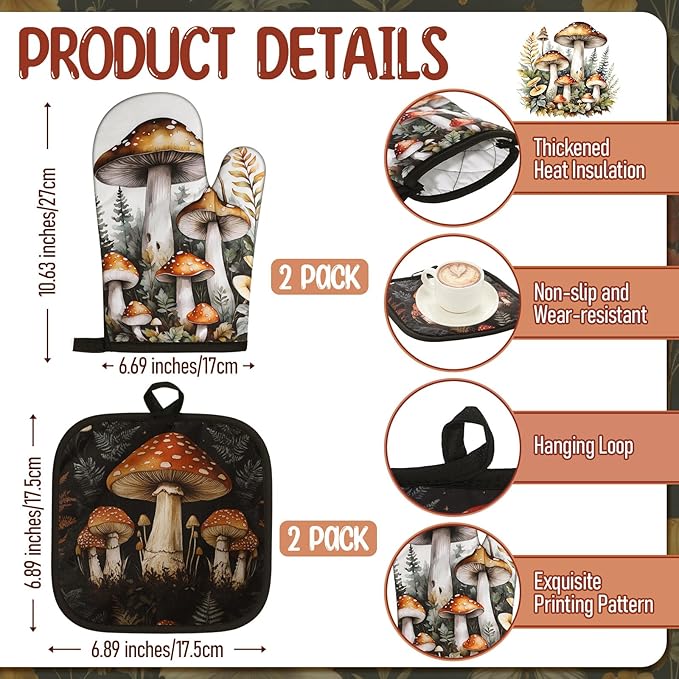 Hahafelt 8 Pcs Kitchen Gift Dish Towel Pot Holder Oven Mitt Set 4 Tent Car Tea Towels with Funny Sayings Novelty 2 Oven Mitts 2 Pot Holders Accessories Decor for Rv Campers (Mushroom)