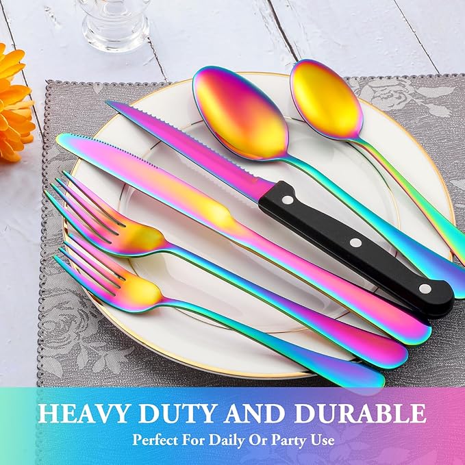 72 Pcs Rainbow Silverware Set with Steak Knives Service for 12,Stainless Steel Flatware Set,Mirror Polished Cutlery Utensil Set, Kitchen Eating Tableware,Include Fork Knife Spoon Set,Dishwasher Safe