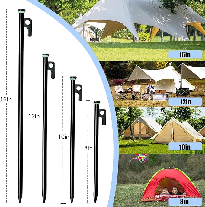 12 Pack Tent Stake with Hammer, 16in Heavy Duty Tent Stakes + 10in Camping Hammer+Storage Pouch, Forged Steel Tent Stakes for Camping Used on Rocks(12 Pack 16in Stakes+Hammer