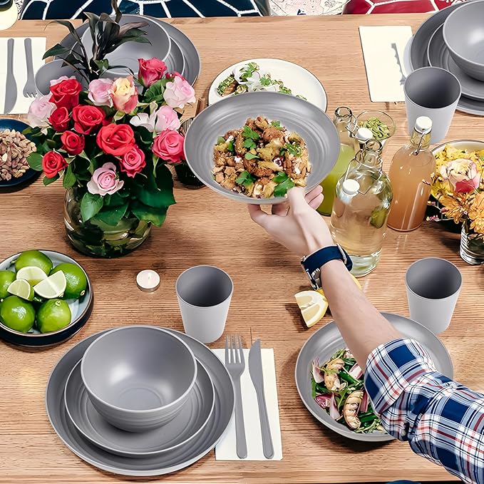 LIYH 28 Pcs Dark Grey Plates and Bowls Dinnerware Sets, Dish Set for 4, Unbreakable Reusable Plate, Wheat Straw Plates and Bowls Apply to Kitchen & Camping