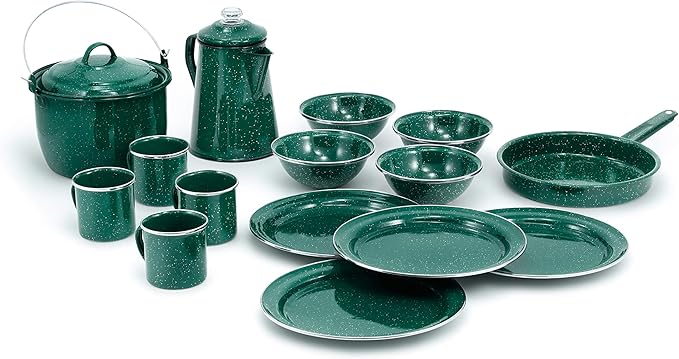 GSI Outdoors Camp Dinnerware Set I 4-Person Set Includes Pioneer Enamel Percolator, Frypan, Kettle, Bowls, Plates & Coffee Mugs