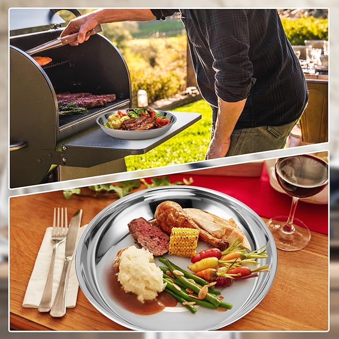 Patterned Deep Stainless Steel Plates, 4 Set 7 inch 304(18/8) Metal Food Serving Plate, Reusable Snack Eating Dishes Round Shatterproof Silver Dinnerware for BBQ Dinner Oven Dishwasher Safe