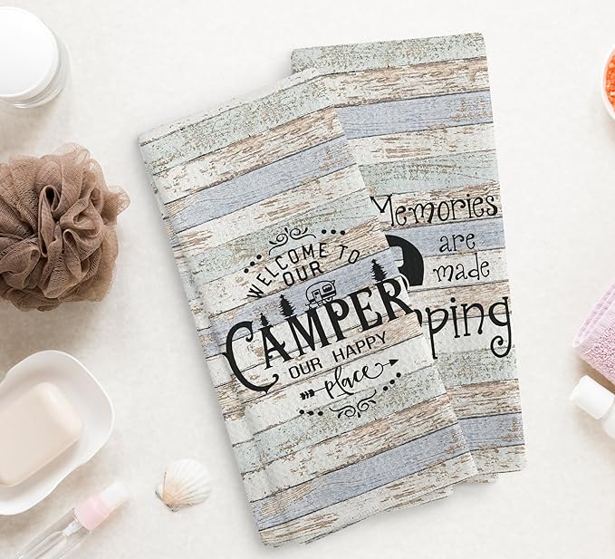 Welcome to Our Camper Camping Kitchen Towels and Dishcloths Sets of 2,Campsite Cabin RV Drying Cloth Hand Towels Tea Towels for Bathroom Kitchen,Campers Camping Lovers Gifts,16×24 inches