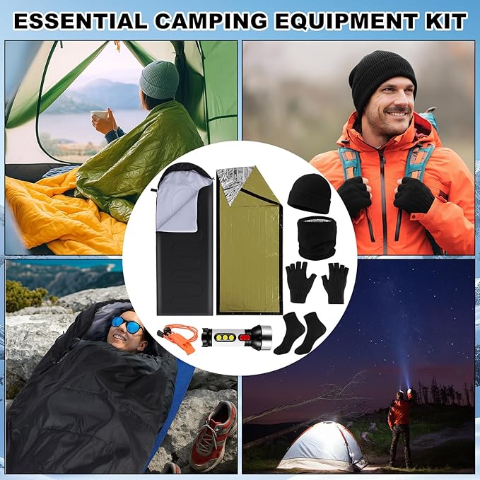 Chicingyou 8 Pcs Portable Emergency Thermal Blanket Camping Sleeping Bag Solar Rechargeable Flashlight Emergency Safety Whistle Gloves Scarf Socks Beanie Set for Camping Hiking Travel Hunting (Green)