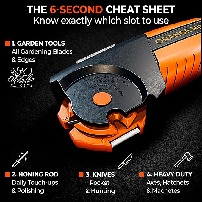 Orange Ninja 7-in-1 Garden Tool & Knife Sharpener – Sharpens Axe, Hatchet, Machete, Pruner & Shears – One Tool for All Your Outdoor Blades – Gift for Gardeners
