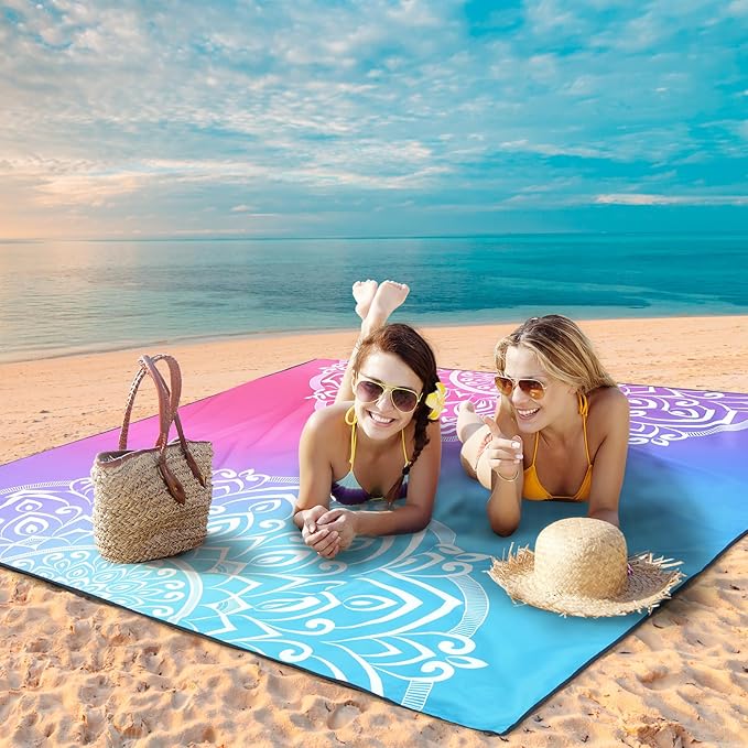 WIWIGO Beach Blanket Waterproof Sandproof Beach Mat 79" X 83"/10'x9'for 2-8 Adults Quick Drying Outdoor Picnic Mat Beach Accessories for Travel, Camping, Hiking
