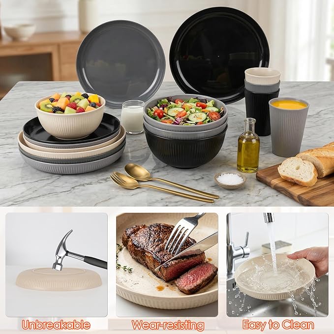 Unbreakable Dinnerware Sets for 4 People,16pcs Camping Plates and Bowls Set, Reusable Picnic Set plastic Plates, Cups, Bowls for Children, Adult, Party, Home