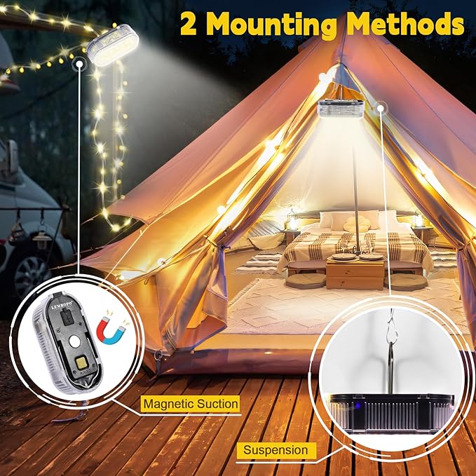 Camping String Lights for Camping Essentials Gear Waterproof, 21ft Hanging Lamp 3000LM for Outdoor Camping Awning Accessories, 2025 Upgraded LED Rechargeable Tent Rope Lights for Camper Decor (White)