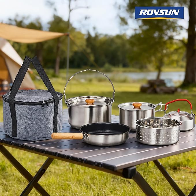 ROVSUN 34/10/6 pcs Camping Cookware Mess Kit, Lightweight Non-Stick Camping Cooking Pot and Pan Set with Stainless Steel Camping Gear Kettle Cup for Open Fire, Backpacking, Outdoor Cooking