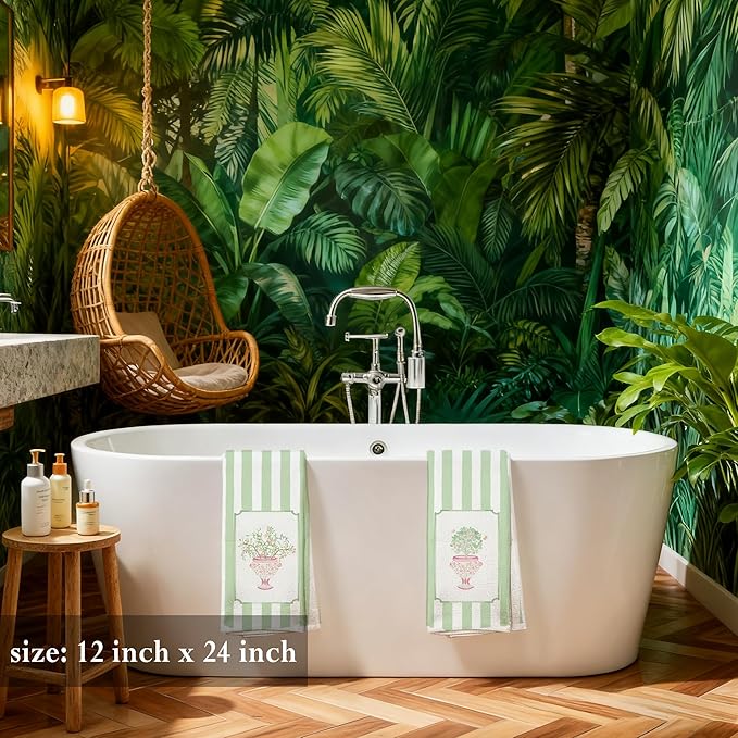 Pink Peach Hand Towels for Kitchen Bathroom 16x24 Set of 2，Chinoiserie Peach Tree Decorative Dish Tea Towels for Kitchen, Green Stripes Porcelain Tree Hand Towel for Bathroom
