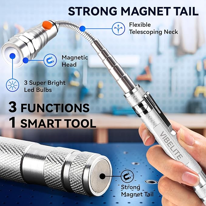 VIBELITE Extendable Magnetic Flashlight with Telescoping Magnet Pickup Tool-Cool Gadget Gifts for Men, Women, Him, Teen Boys, Husband, Dad, Father, Mechanic, Birthday Gifts for Men, Silver