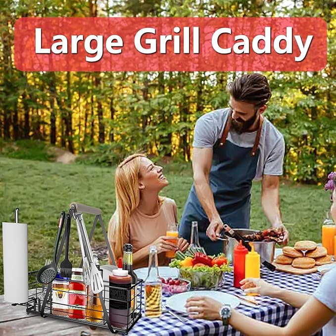 Picnic Caddy BBQ Utensil Caddy for Outdoor Grill Camping for Plate Cutlery CompartmentStorage with 3 Hooks Kitchenn Barbecue Accessories RV Patio Tailgate EssentialsEasy Carry Grilling Gifts for Men