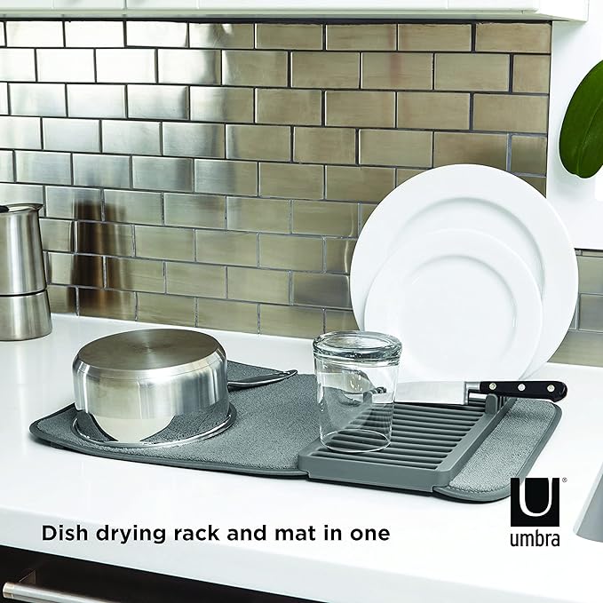 Umbra Udry Dish Rack and Microfiber Drying Mat – Space-Saving Design Folds Up for Easy Storage, Mini Rack, Gray