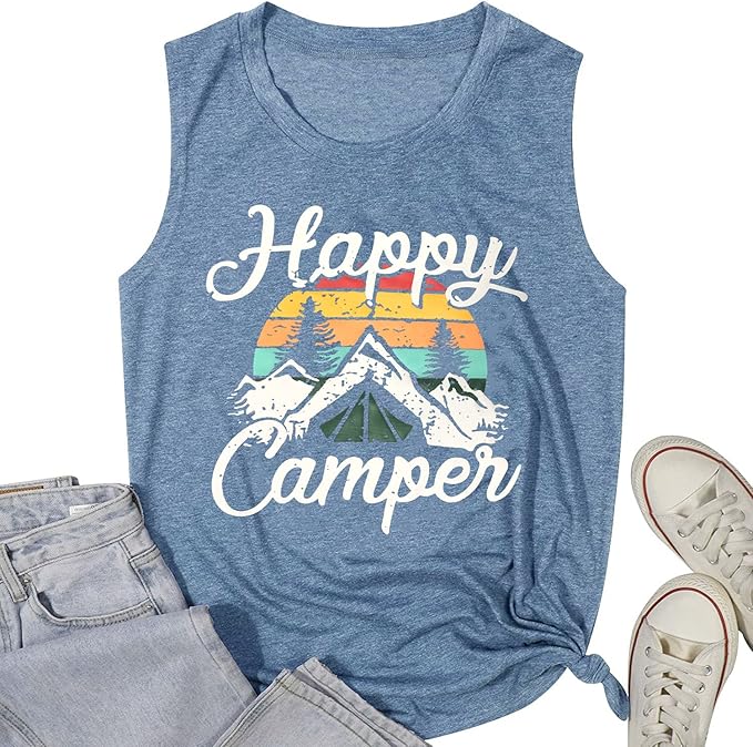 Happy Camp T-Shirt Women Hiking Mountain Adventure Novelty Workout Funny Saying Cute Graphic Athletic Shirt