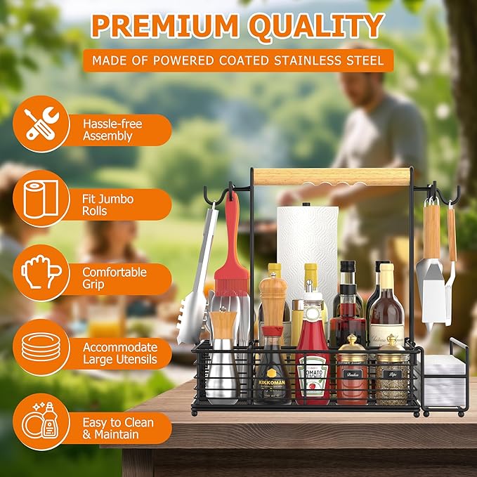 Toncoke Large Grill Caddy with Paper Towel Holder & Side Hooks, All-in-One BBQ Tool Organizer with Adjustable Dividers, Rustproof for Outdoor Kitchen, Camping, RV - Black