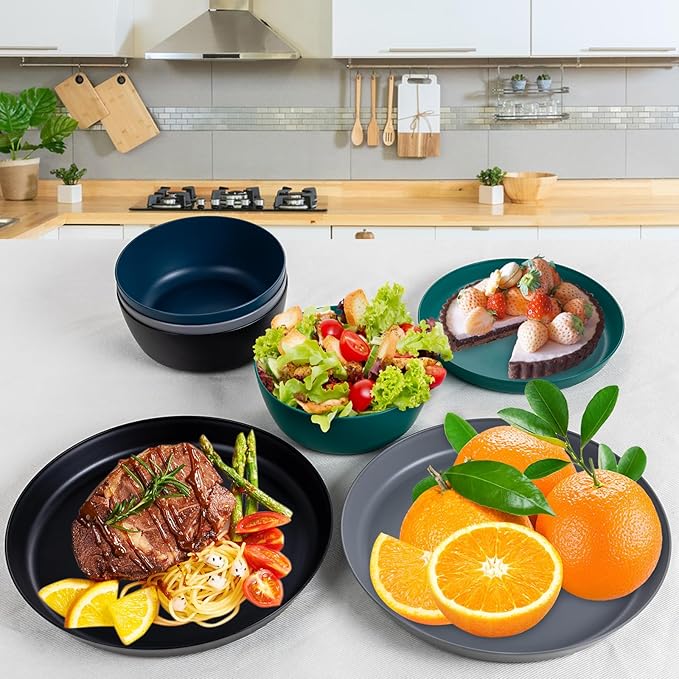 EI 12pcs Wheat Straw Plates,Plastic Plates Reusable,Unbreakable Plastic Plate,Wheat Straw Dinnerware Set,Melamine Plate-Black,Dark Grey,Dark Green,Dark Blue,Dinner, Camping,Picnic