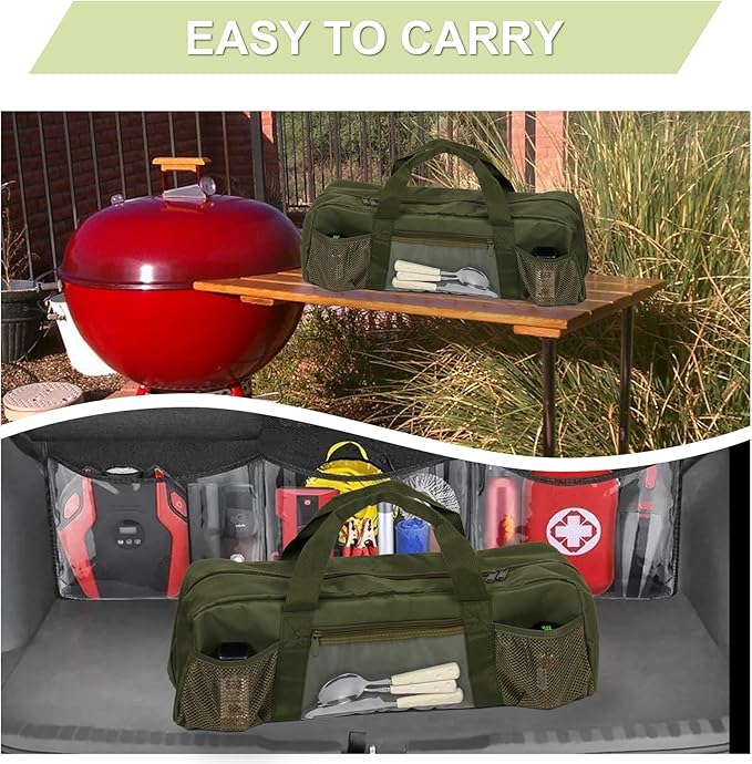 22" Upgraded Grill Tools Storage Bag, BBQ Utensil Holder with Pockets, Carry Bag for Outdoor Camping & Hiking BBQ, Gift for Men, Green
