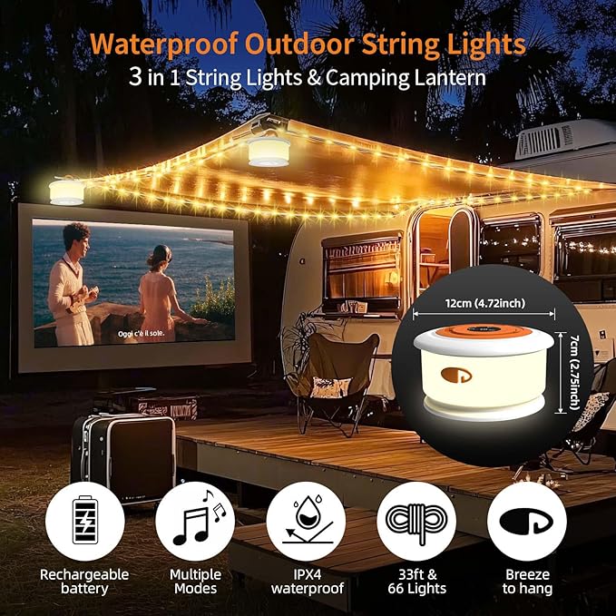 TOHETO Camping String Lights, 3 in 1 Upgraded Retractable RGB Outdoor String Lights with 19 Lighting Modes,Quick 30s Recovery, 32.8 FT Portable Tent Lights, Rechargeable Camping Lantern (White&Orange)