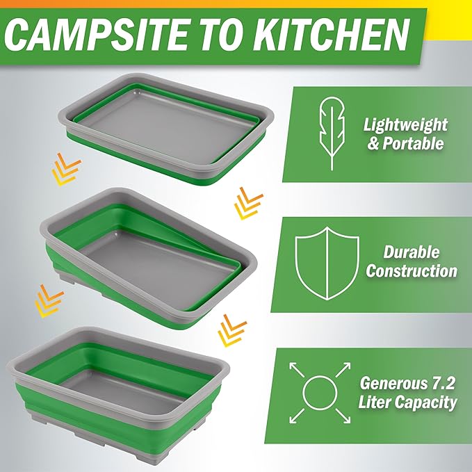 Collapsible Bucket for Cleaning - 7.27L Foldable Wash Bin Dish Tub - Collapsible Wash Basin or Camping Sink for Beach, Tailgating, or Soaking Laundry - Cleaning Supplies by Wakeman (Green)