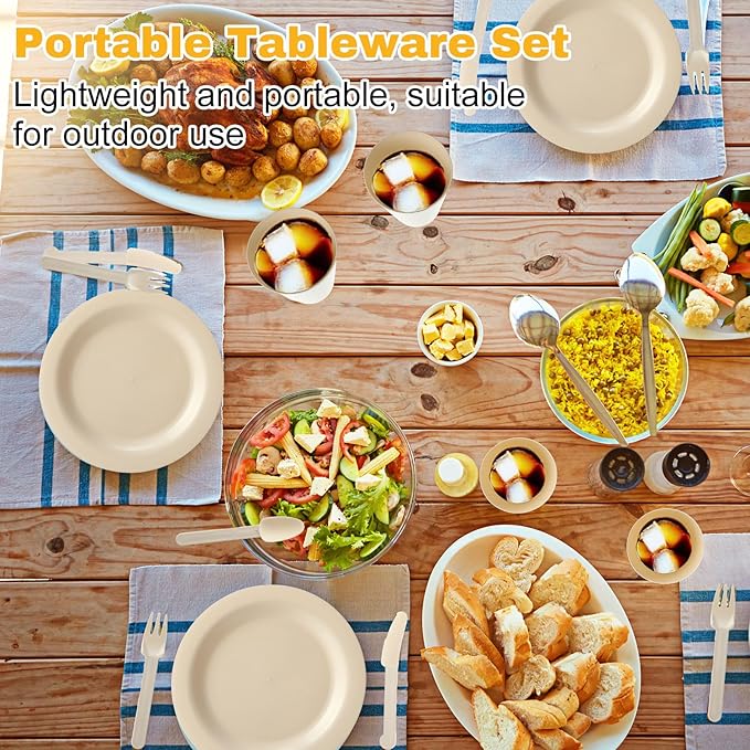 LemonRoad 6 Set College Dorm Dishes Essential Kit, Plates and Bowls Back to School Beige Room Dishes Set with Storage Mesh Bag Cup, Microwave Dinnerware Picnic for RV Camping