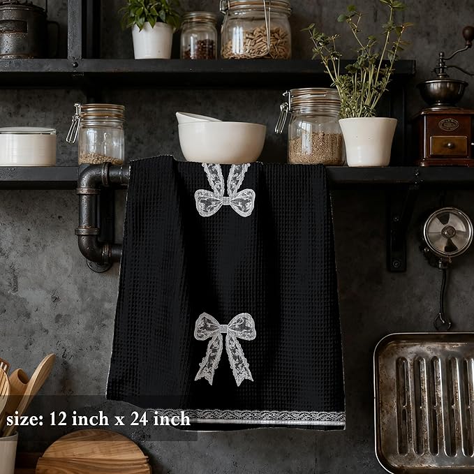 Black and White Coquette Lace Bow Print Kitchen Dish Tea Towels 16x24（Printing）, Girly Aesthetic Hand Towels for Bathroom, Coquette Bathroom Decor，Bow Towel（Print）
