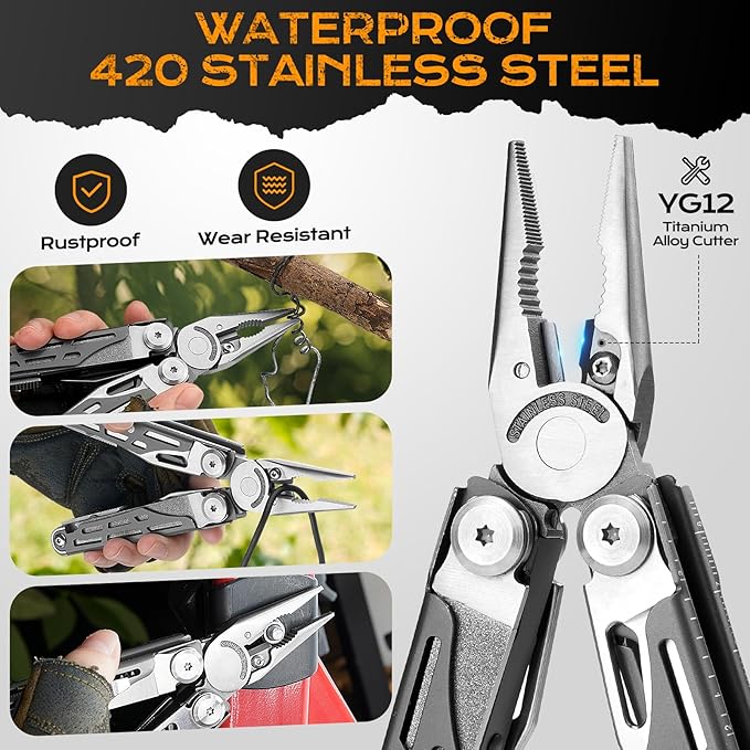 BIBURY Multitools BI2038C, 22-in-1 Stainless Steel Pocket Knife with Scissors, Foldable Self-locking EDC Multi tools Pliers with Sheath for Outdoor Hunting Survival Camping Simple Repair