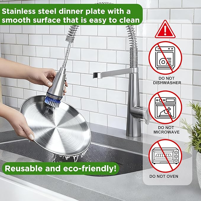 Stainless Steel Plates,10 inch Round Metal Food Serving Plate, Dinner Plates for Outdoor Camping Hiking, Party Serving, Feeding,Non Toxic & Reusable, Dishwasher Safe