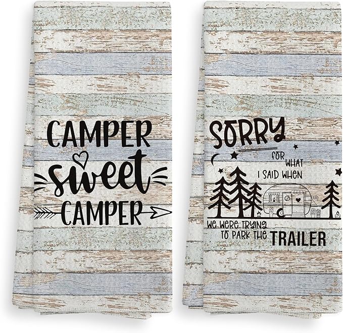 Camper Sweet Camper Camping Kitchen Towels and Dishcloths Sets of 2,Campsite Cabin RV Absorbent Drying Cloth Hand Towels Tea Towels for Bathroom Kitchen,Gifts for Campers Camping Lovers,16×24 inches