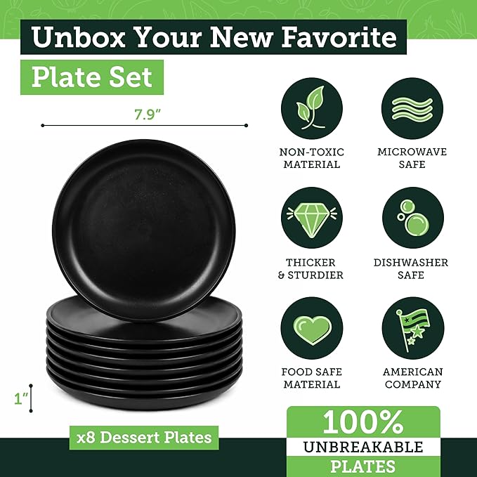 Grow Forward Premium Wheat Straw Plates - 8 Inch Reusable Hard Plastic Dinner Plates Set of 8 - Unbreakable Microwave Safe Plates for Dessert, Camping, RV, Outdoors, Patio, Kitchen Dishes - Midnight